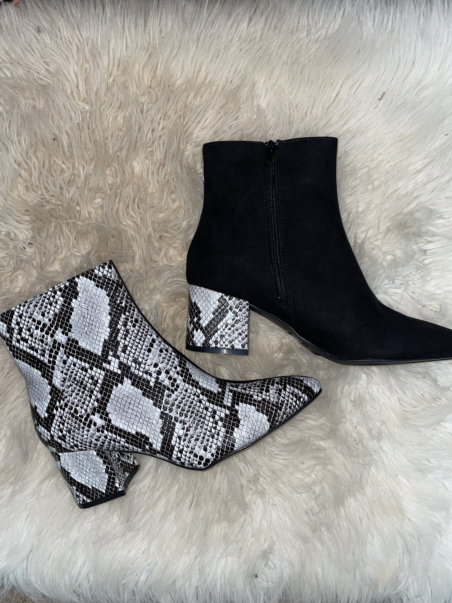 half & half snake print booties shoes